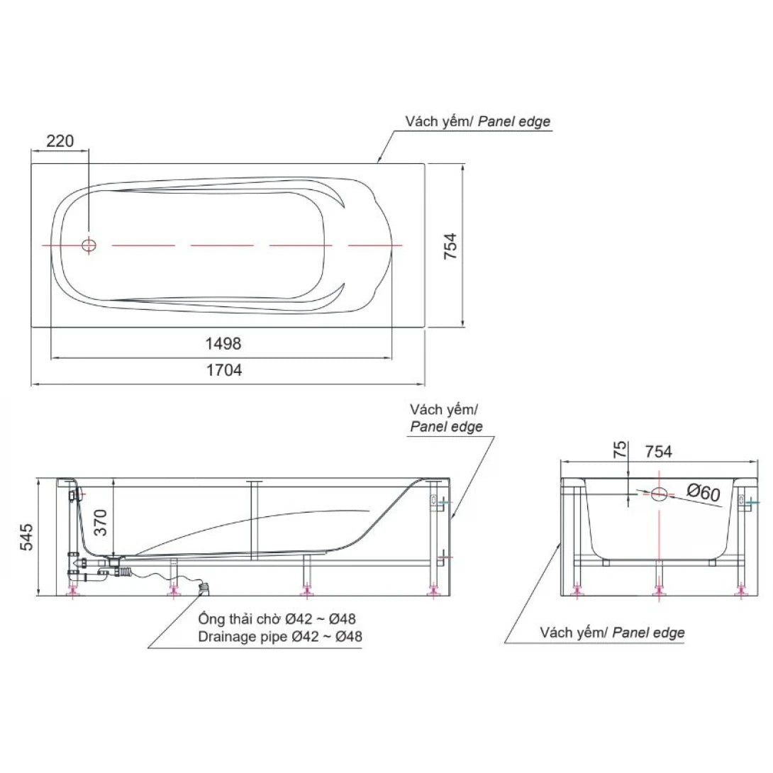 Bồn Tắm INAX FBV-1702SR 1.7m – Bồn Tắm Chân Yếm Phải Acrylic Cao Cấp, Tiện Lắp Đặt