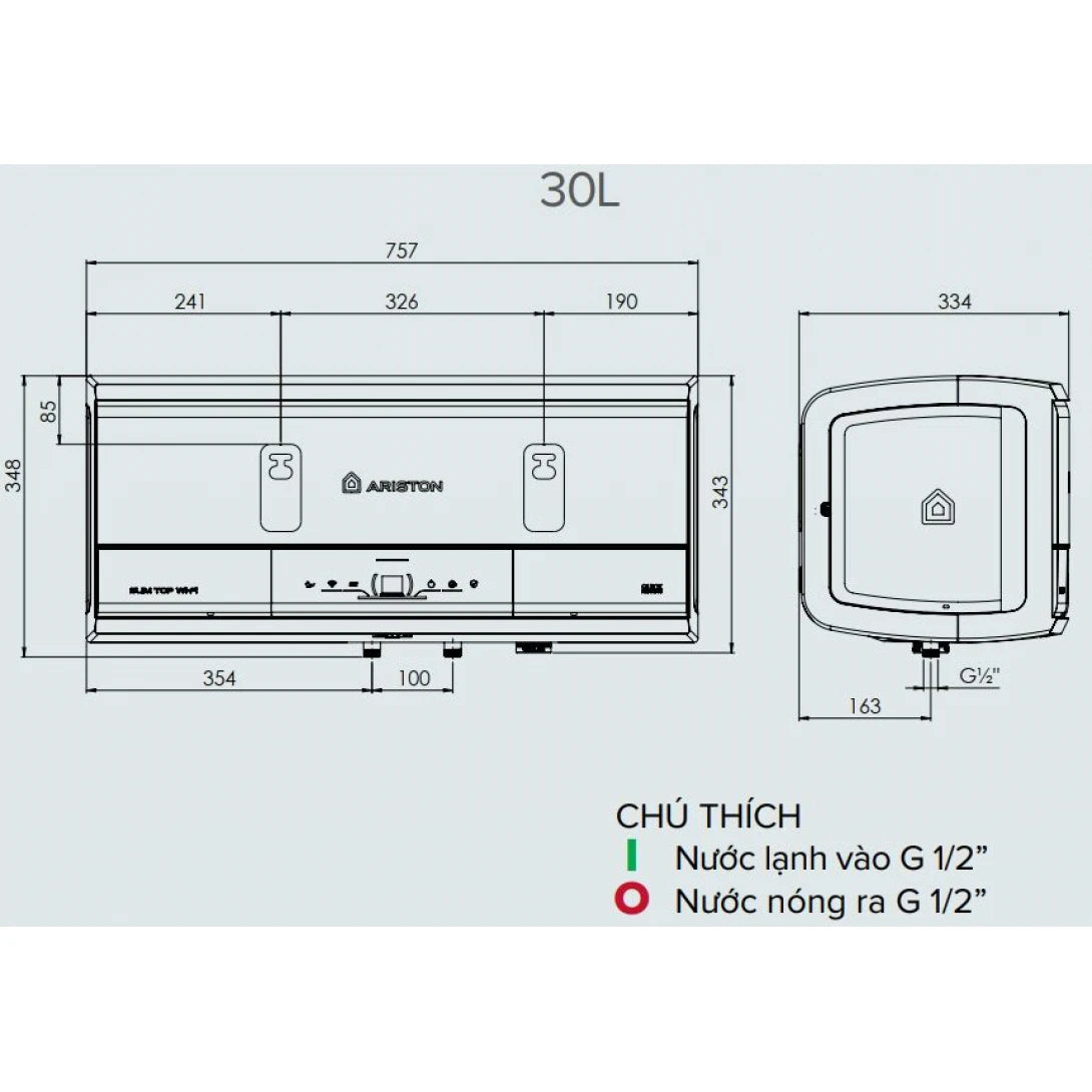 Máy Nước Nóng Ariston Slim 3 SL3 Top Wifi 30L VN Ag+ Lít Gián Tiếp
