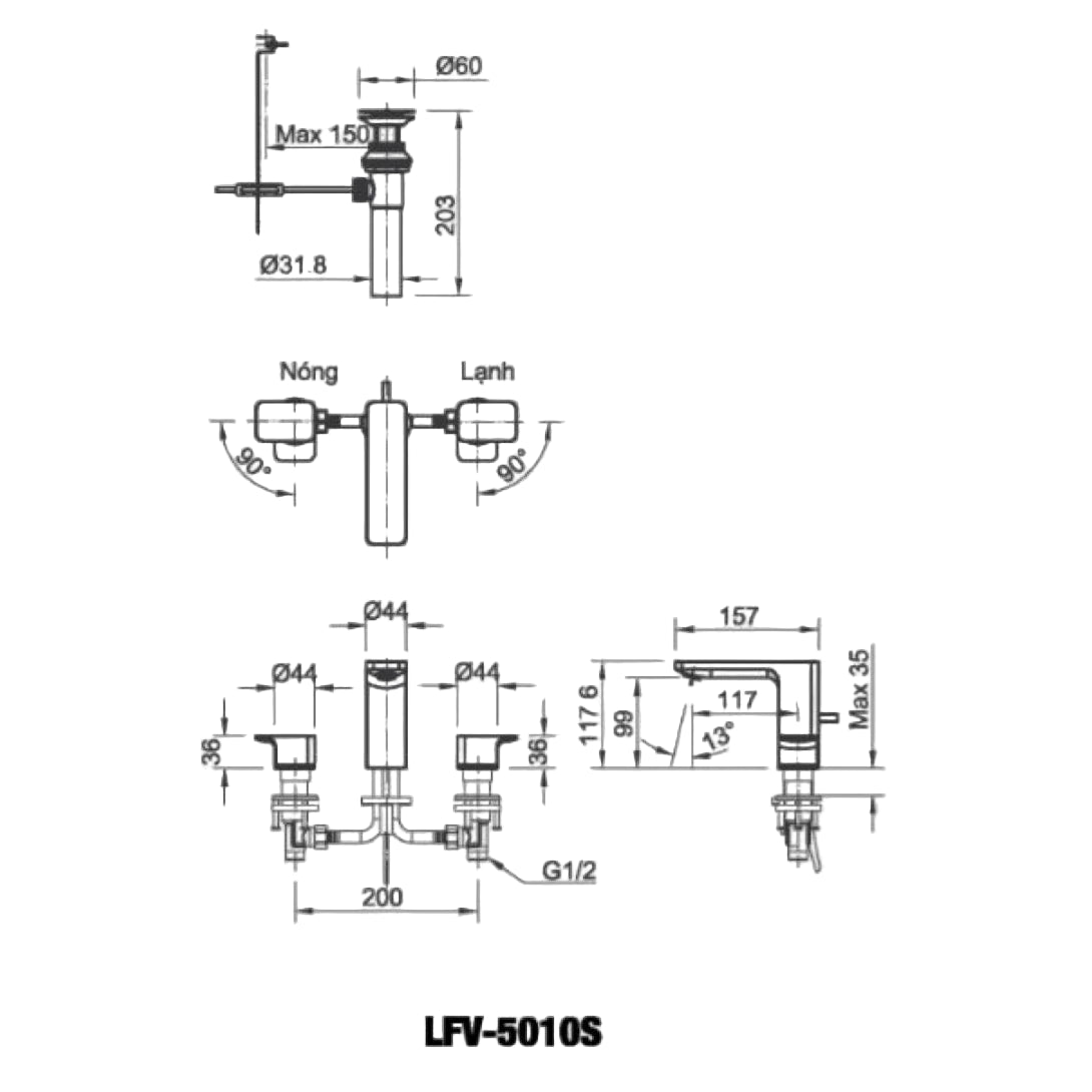 Vòi Chậu Lavabo Inax LFV-5010S (LFV5010S) Van Nóng Lạnh Riêng 3 Lỗ