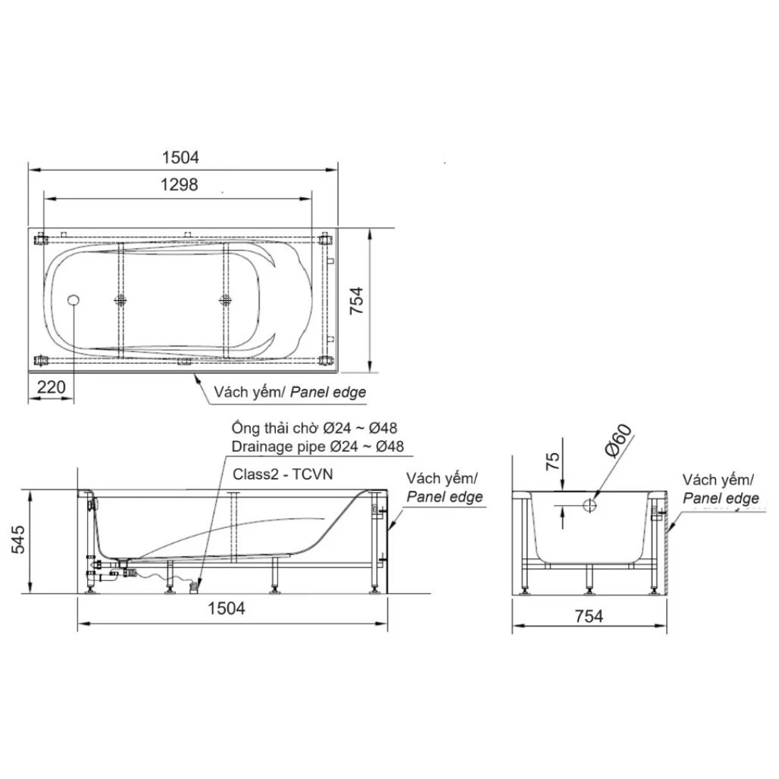 Bồn Tắm INAX FBV-1502SL 1.5m – Bồn Tắm Chân Yếm Trái Acrylic Cao Cấp, Tiện Lợi Lắp Đặt