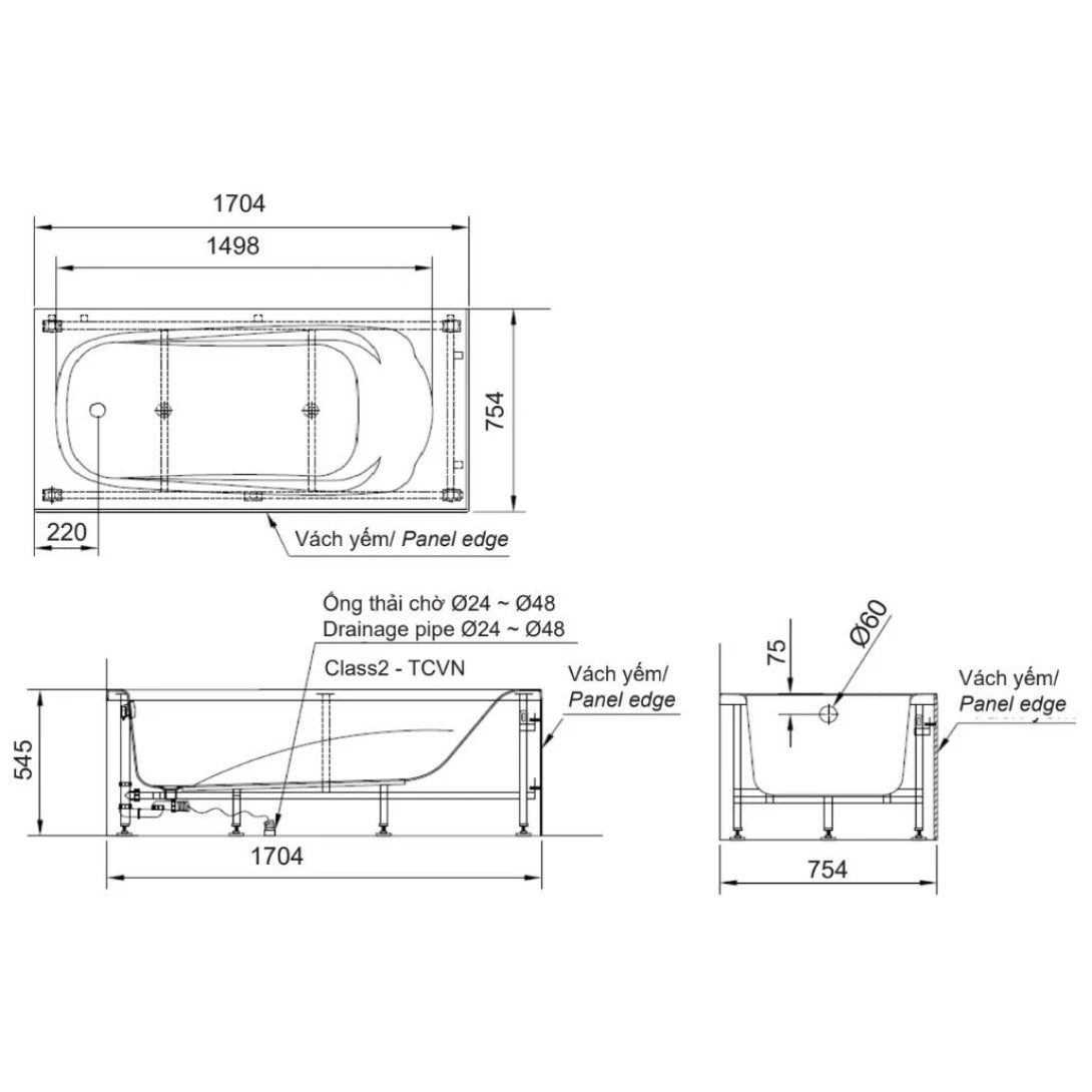 Bồn Tắm INAX FBV-1702SL 1.7m – Bồn Tắm Chân Yếm Trái Acrylic Cao Cấp, Tiện Lắp Đặt