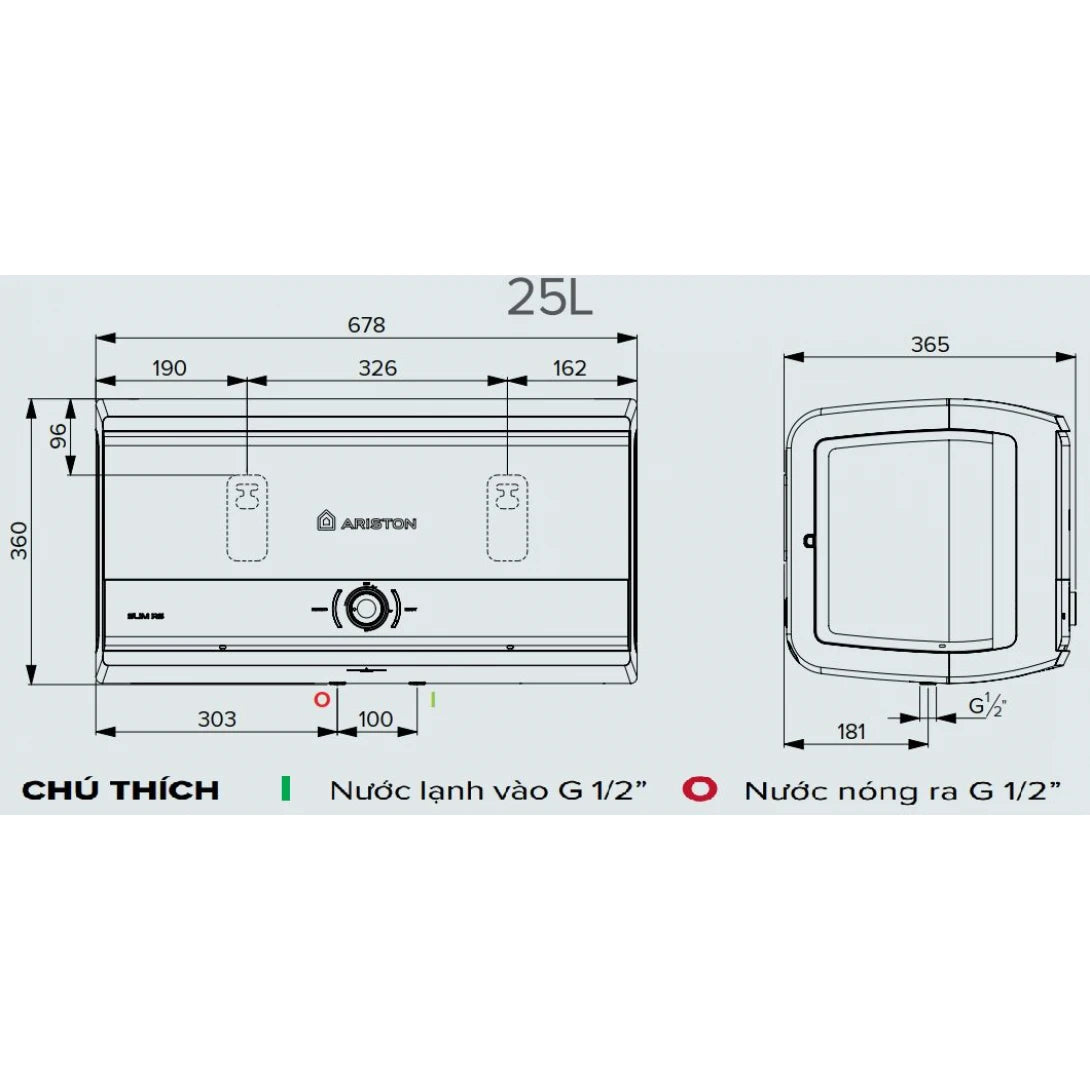 Máy Nước Nóng Ariston SLIM3 25 Lít RS VN Gián Tiếp Ngang 2500W