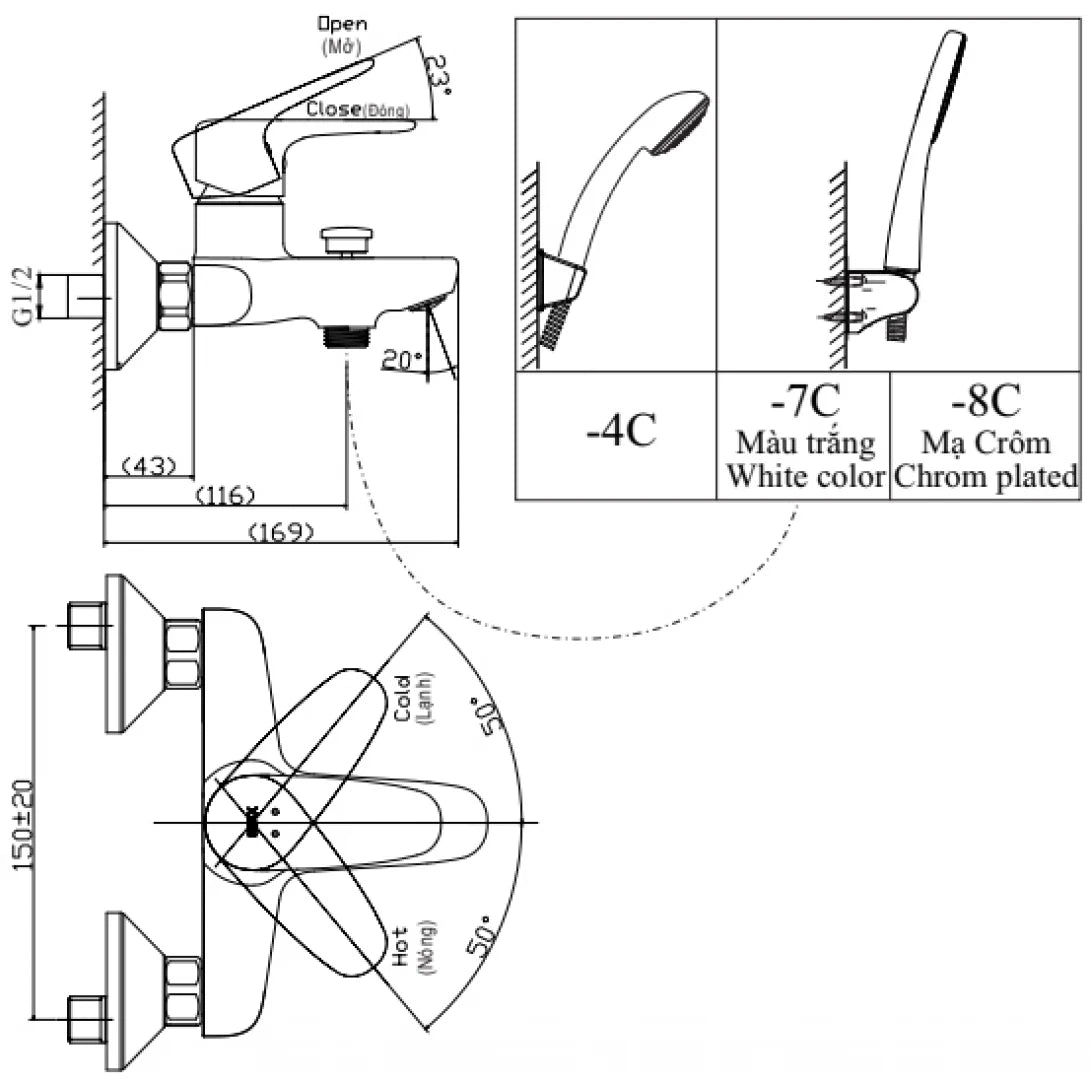 Vòi Sen Nóng Lạnh INAX BFV-1113S-7C – Tay Sen 1 Chế Độ, Mạ Cr/Ni Cao Cấp, Hoạt Động Tốt Áp Lực Thấp