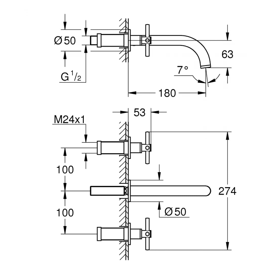 Vòi Chậu Grohe Atrio 20164003 Nóng Lạnh 3 Lỗ Gắn Tường