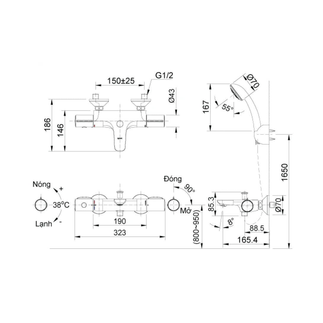 Vòi Sen Tắm Nhiệt Độ INAX BFV-3413T-8C – Tay Sen Tăng Áp ECOFUL SHOWER
