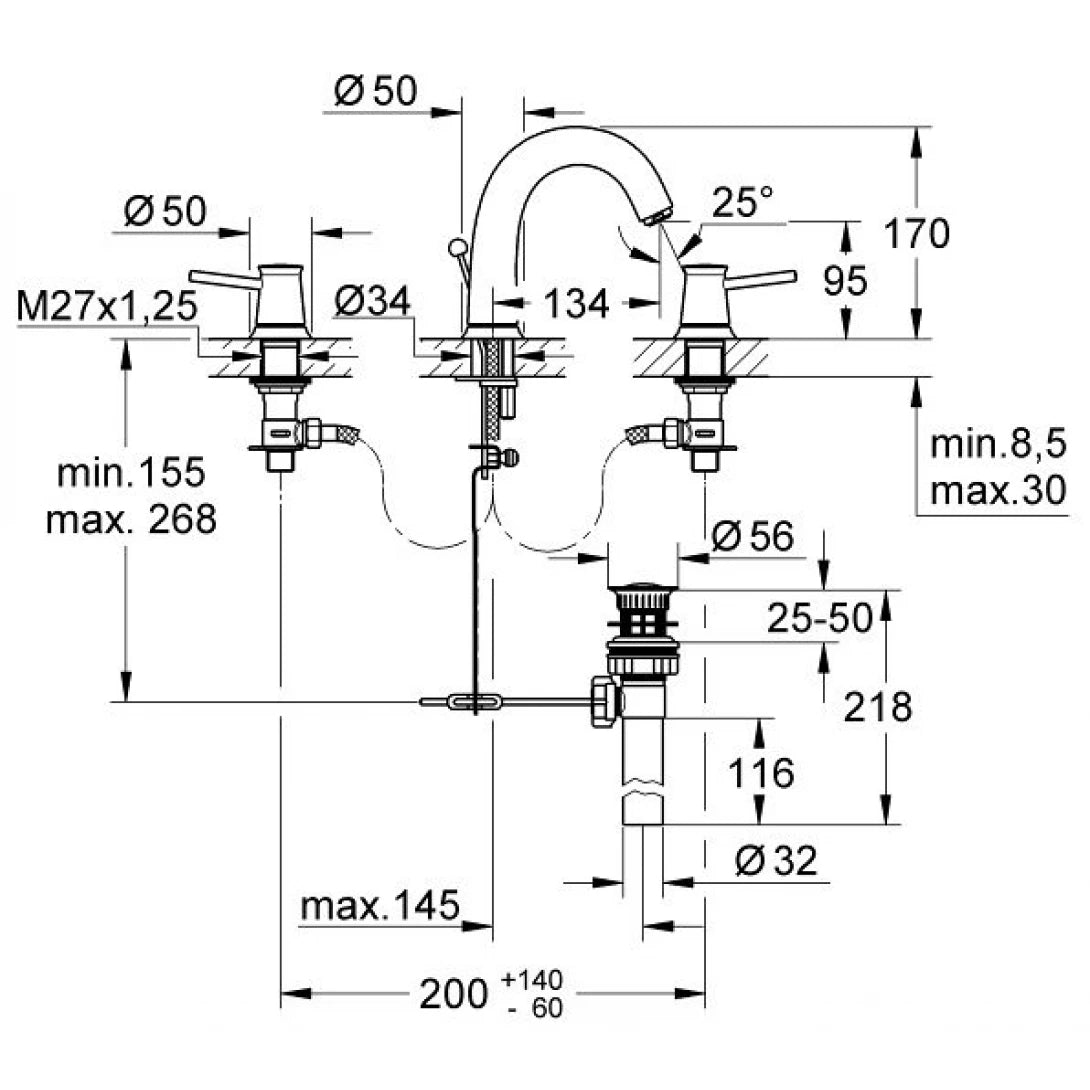 Vòi Chậu Rửa Mặt Grohe 20470000 Nóng Lạnh BauClassic 3 lỗ