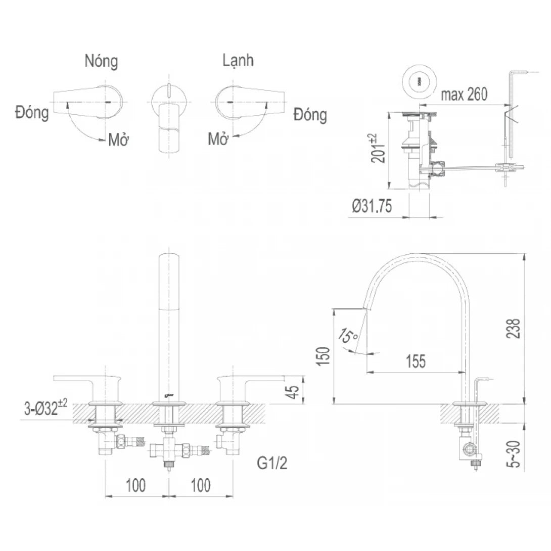 Vòi Lavabo Inax LFV-7100B (LFV7100B) Van Nóng Lạnh 3 Lỗ