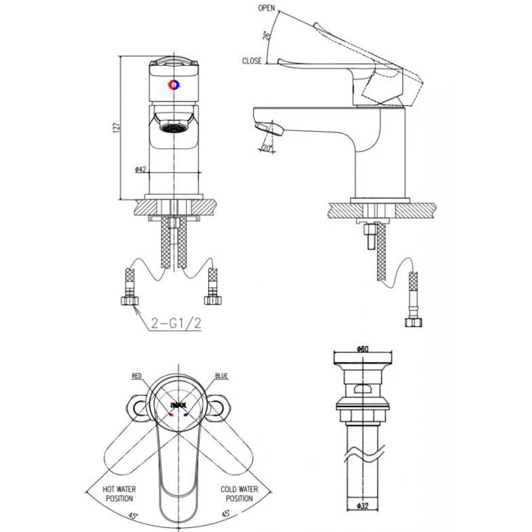Vòi Lavabo Inax LFV-2012S-R (LFV2012S) Nóng Lạnh Kèm Trụ Xả Lật