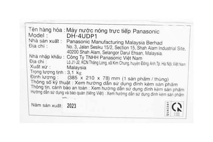 Máy Nước Nóng Panasonic DH-4UDP1VZ Trực Tiếp 4500W Màu Đen Có Bơm
