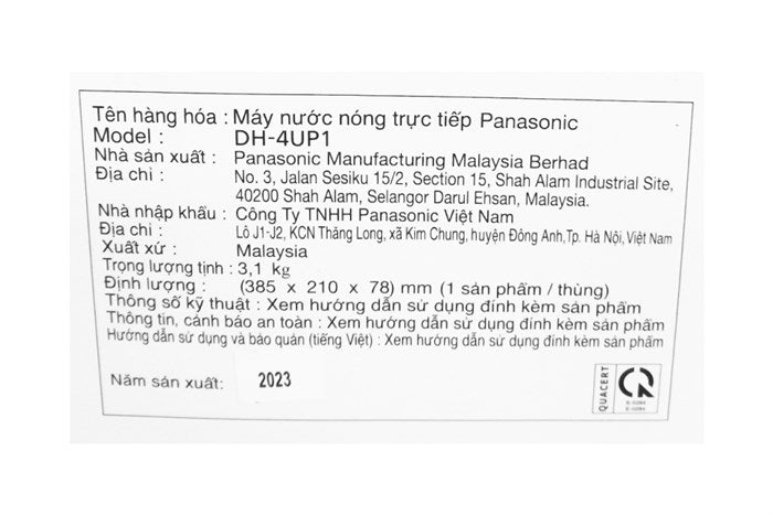 Máy Nước Nóng Panasonic DH-4UP1VS Trực Tiếp Đen Bạc Có Bơm 4500W